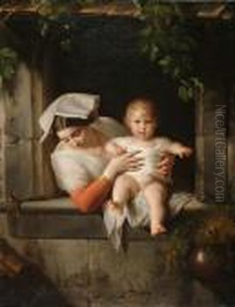 Mother And Child Oil Painting by Giuseppe Mazzolini