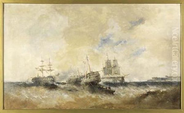 Naval Battle In Stormy Seas Oil Painting by William McAlpine