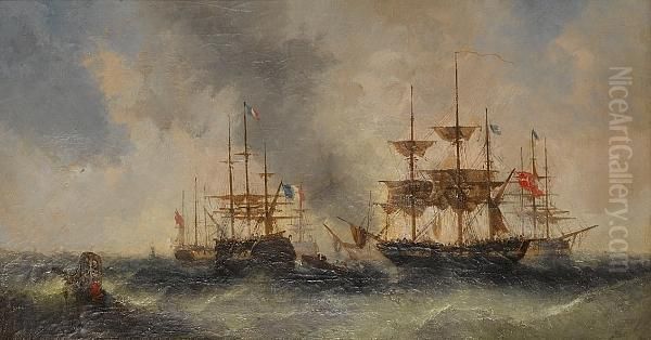 Fort Rouge, Calais; Ships At Anchor In Choppy Seas Oil Painting by William McAlpine