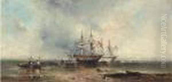 Trading Brigs Unloading At Low Tide; And Shipping At The Harbourmouth Oil Painting by William McAlpine