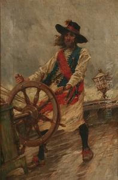 Pirate At A Ship Wheel Oil Painting by Arthur David Mccormick