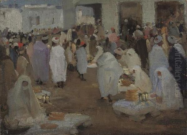 Market In Marrakech Oil Painting by Mary Mccrossan