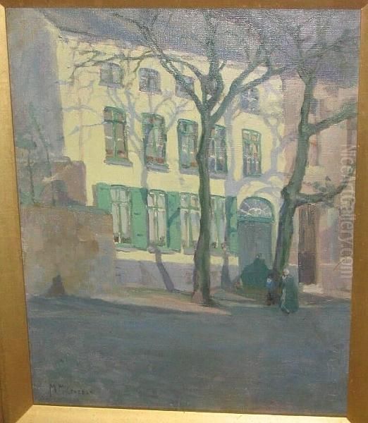 Sunlit Street Scene With Figures And Trees Oil Painting by Mary Mccrossan