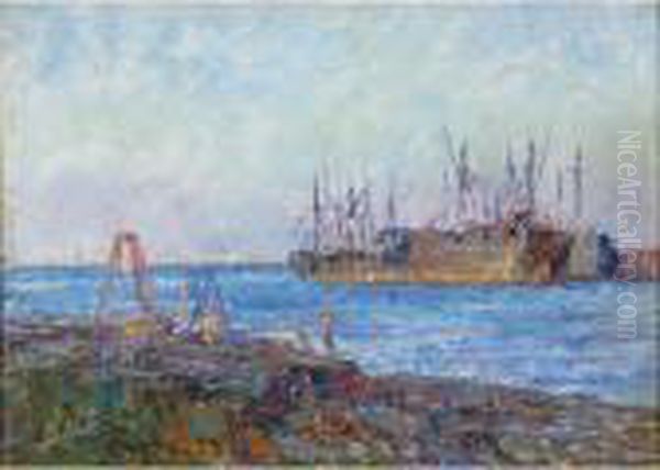 Battleship In The Harbour Oil Painting by Frederick McCubbin