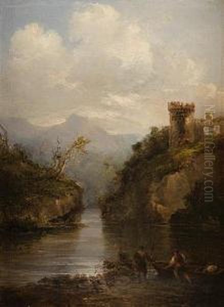 A Highland Loch And Castle Oil Painting by Horatio McCulloch