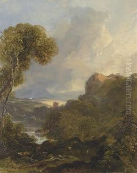 Deer In A Highland Landscape, A Mill Beyond Oil Painting by Horatio McCulloch