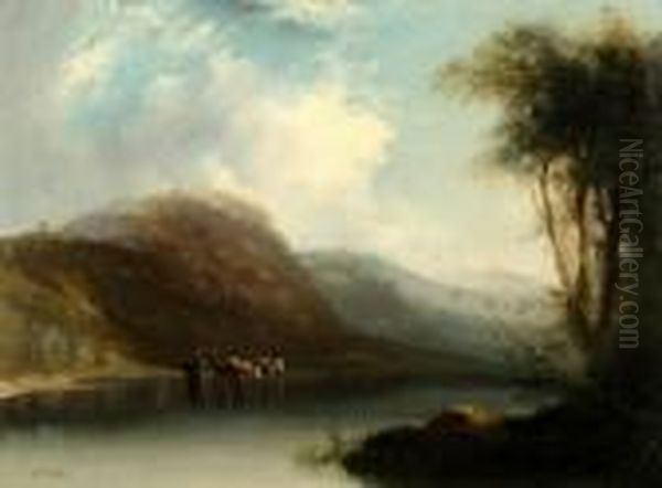 Figures And Cattle In A Loch Oil Painting by Horatio McCulloch