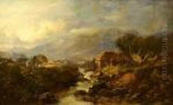 Thatched Cottages By A Highland Stream Oil Painting by Horatio McCulloch