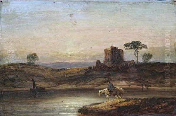 Watering By A Castle Oil Painting by Horatio McCulloch