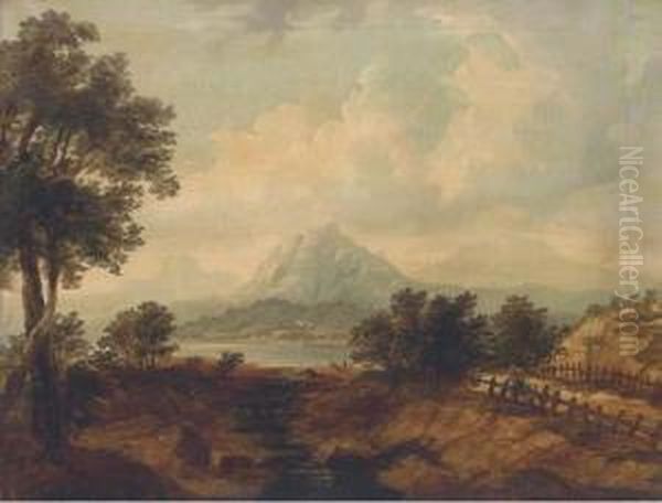 Figures On A Track, With An Estuary And Mountains Beyond Oil Painting by Horatio McCulloch