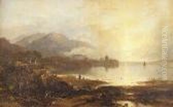 Figure And A Dog On The Shoreline Possibly Of Loch Crinan Oil Painting by Horatio McCulloch