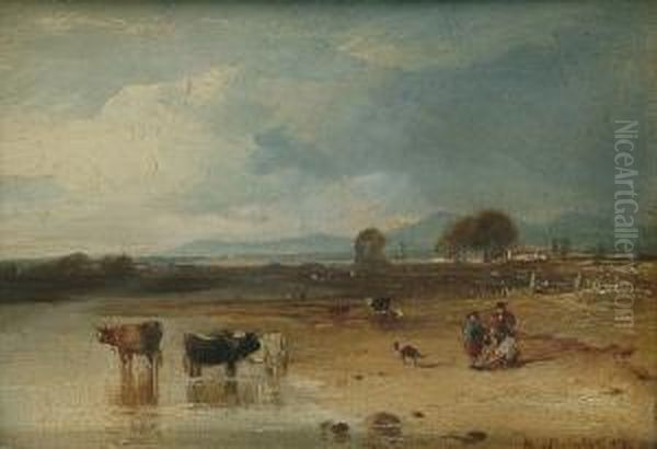 Cattle Watering, In An Extensive Landscape Oil Painting by Horatio McCulloch