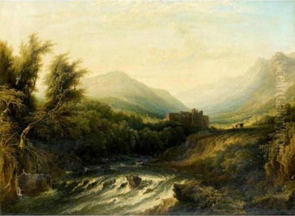 River Landscape With Cattle And Ruin Beyond Oil Painting by Horatio McCulloch