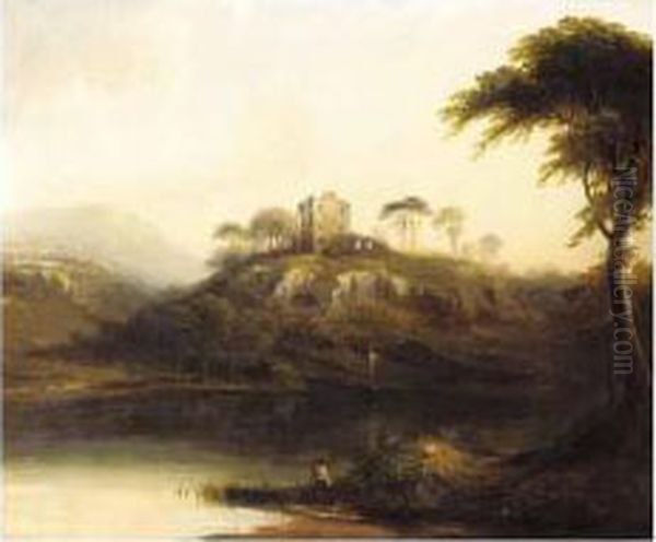 Fishing At The Loch Beside The Ruin Oil Painting by Horatio McCulloch