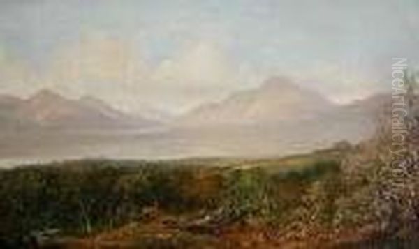 A Panoramic View Of A Loch, Deer In A Wooded Landscape In Theforegrou Oil Painting by Horatio McCulloch