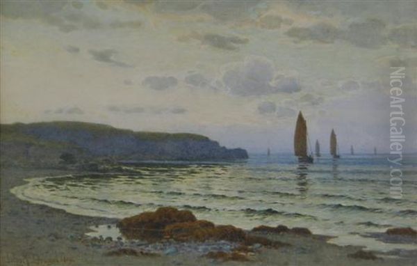 Coastal Landscape With Sailing Boats At Sea Oil Painting by John Mcdougal