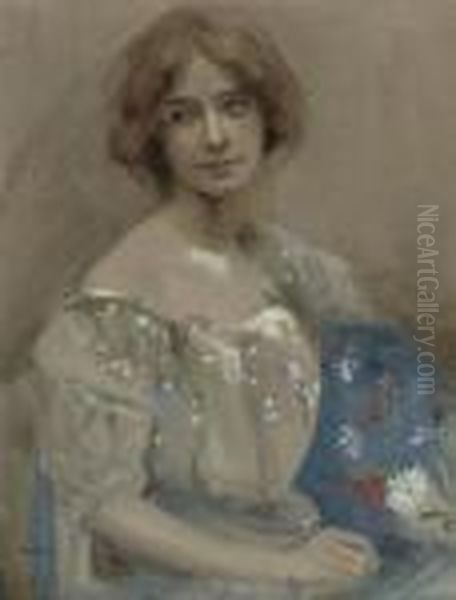 Portrait Of A Woman With A Blue Shawl Oil Painting by Ambrose McEvoy