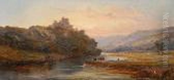 Cattle By The River In A Mountainous Landscape With Castle Beyond Oil Painting by William McEvoy