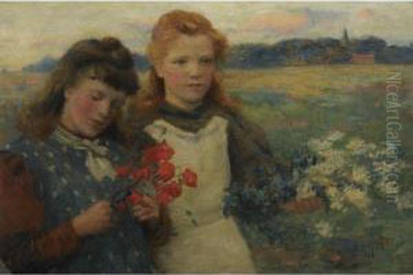 Girls Picking Wild Flowers Oil Painting by John Mcghie