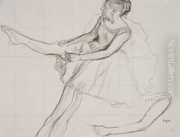 Dancer adjusting her tights, c.1880 Oil Painting by Edgar Degas