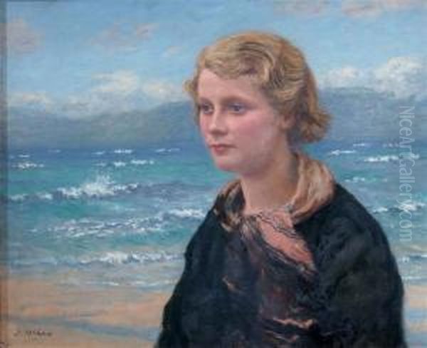 Studyof A Girl With Blonde Hair 
And Pink Scarf Standing On A Beach Withincoming Tide And Hills In The 
Distance Oil Painting by John Mcghie