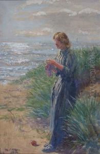 Coastal Scene With Lady Knitting From A Ball Of Wool by John Mcghie