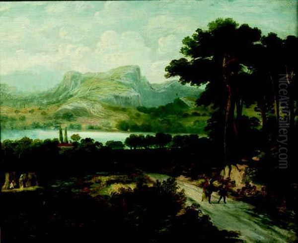 Lake And Mountain Scene With Figures In The Foreground Oil Painting by Joseph Wrightson McIntyre