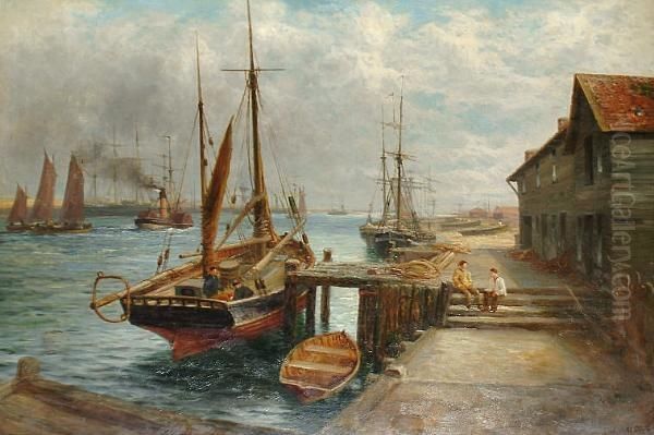 A Tranquil Moment At A Busy Port Oil Painting by Joseph Wrightson McIntyre