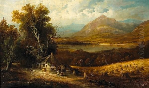 A Cottage By A Country Road With
 Figures Harvesting And A Lake And Mountains Beyond; Also A Companion 
Landscape (a Pair) Oil Painting by Joseph Wrightson McIntyre