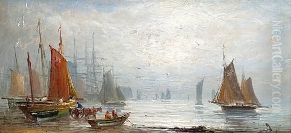 'busy Shipping Scene' And 'dismasted' Oil Painting by Joseph Wrightson McIntyre