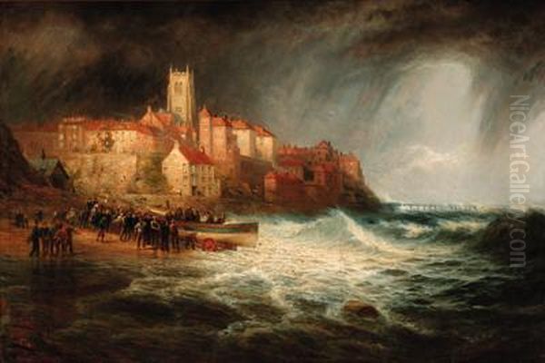 The Launch Of The Lifeboat At Cromer Oil Painting by Joseph Wrightson McIntyre