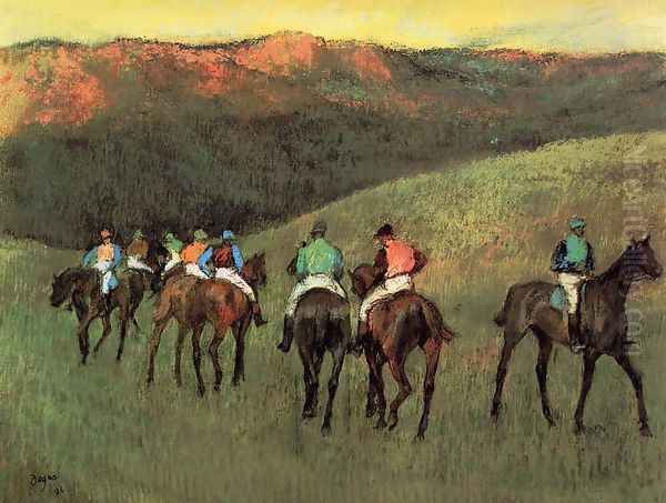 Racehorses in a Landscape Oil Painting by Edgar Degas