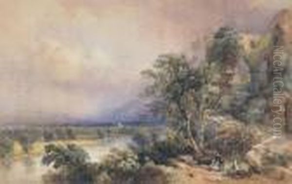 Figures By A Ruin On A Riverbank Oil Painting by David Hall McKewan