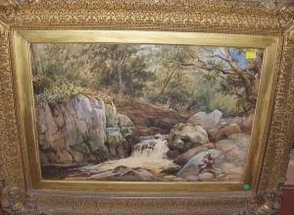 Angler By A Rocky Woodland Waterfall Oil Painting by David Hall McKewan