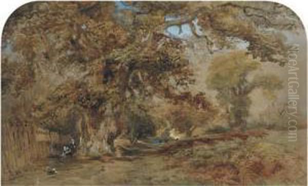 Figures By A Path In A Wooded Landscape Oil Painting by David Hall McKewan