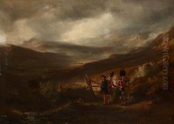 Soldiers Before An Extensive Highlandlandscape Oil Painting by Kenneth Macleay