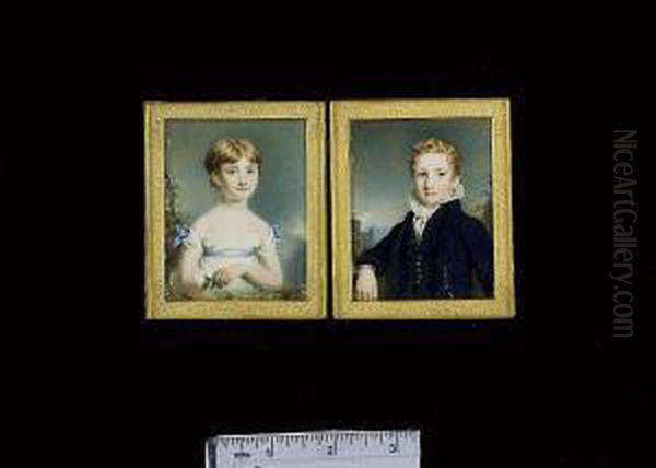 Lady Isabella And Donald 
Campbell Of Sonachan, As Children: She, Wears White Dress With Blue 
Ribbon Waistband And Matching Bows At Her Shoulders, She Holds A 
Thistle; He, Wears Blue Coat, Matching Waistcoat And White Chemise With 
Frilled Collar, C Oil Painting by Kenneth Macleay