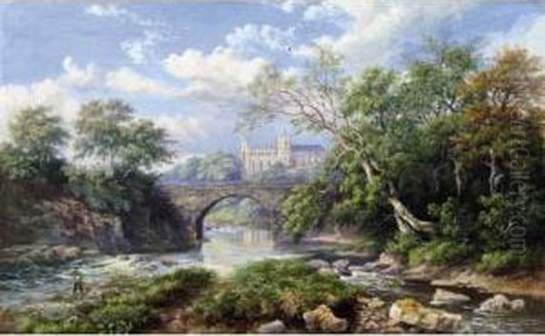 Fishing Near The Abbey; Fishing By The Falls Oil Painting by Kenneth Macleay