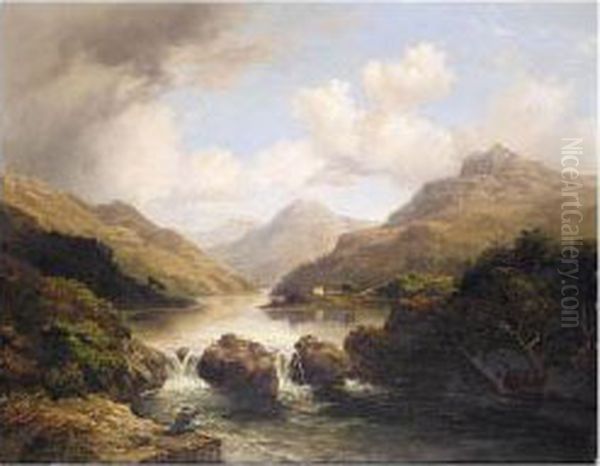 Fishing At The Loch Oil Painting by Kenneth Macleay