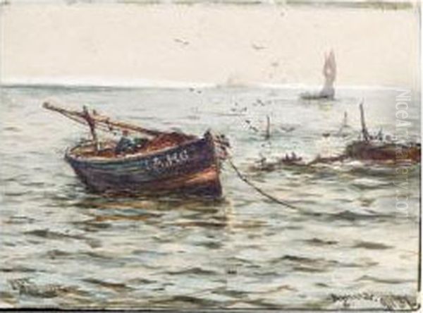 Fishing Boat At Anchor; Yacht Off The Coast Oil Painting by James MacMaster