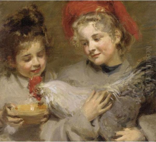 Marjorie And Berthe Feed Their Pet Rooster 