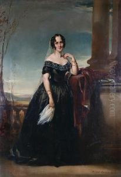 A Portrait Of A Lady, Full 
Length, Standingbefore A Landscape Wearing Gold Earrings, And Pearl 
Bracelet Oil Painting by Daniel Macnee