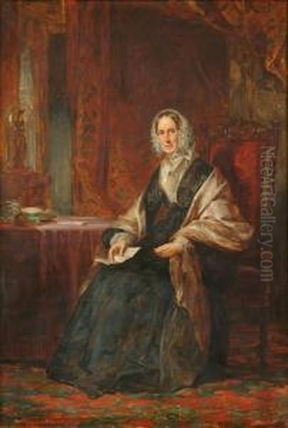 Portrait Of A Ladysaid To Be Mrs
 James Mackenzie Of Craigpark Full Length, Seated Ata Table Oil Painting by Daniel Macnee