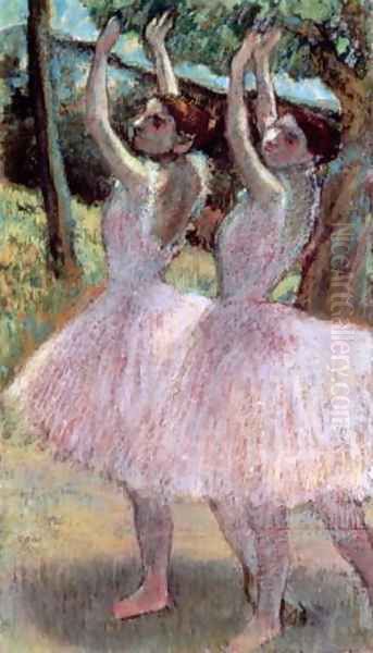 Dancers in violet dresses, arms raised, c.1900 Oil Painting by Edgar Degas