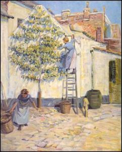 Picking Fruit Oil Painting by Helen Galloway Mcnicoll