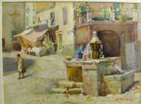 Italian Street Scene With Figure At A Fountain Oil Painting by Rose Mead