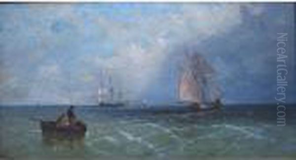 Fishing Boats And A Frigate On A Fine Day Oil Painting by James Edwin Meadows