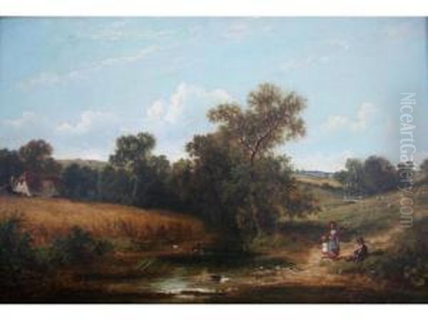 Children By A Country Pool On A Summer Day Oil Painting by James Edwin Meadows