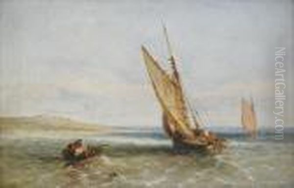 Kustvy Med Segelbatar Oil Painting by James Edwin Meadows