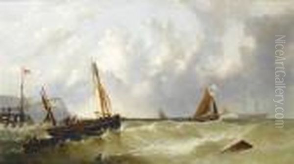 Fishermen At Work Off A Jetty In A Heavyswell Oil Painting by James Edwin Meadows